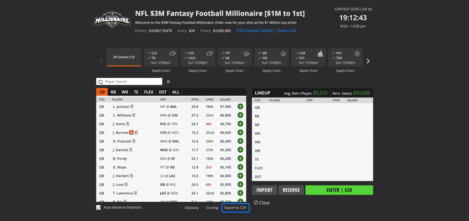 A DraftKings contest draft screen: the player list with position tabs on the left, the empty lineup on the right, and the Export to CSV control ringed at the bottom of the player list.