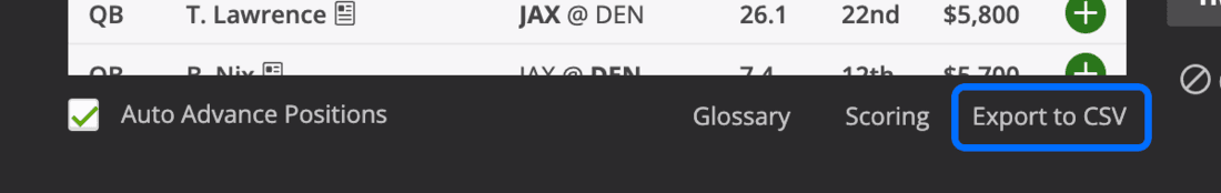 A close-up of the bar beneath the DraftKings player list, with the "Export to CSV" link ringed in blue beside Glossary and Scoring.